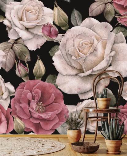 papel de parede floral escuro rosa e flores brancas