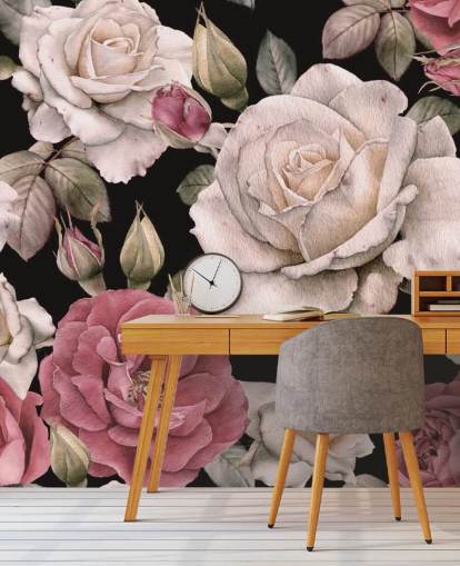 papel pintado flores rosadas y blancas