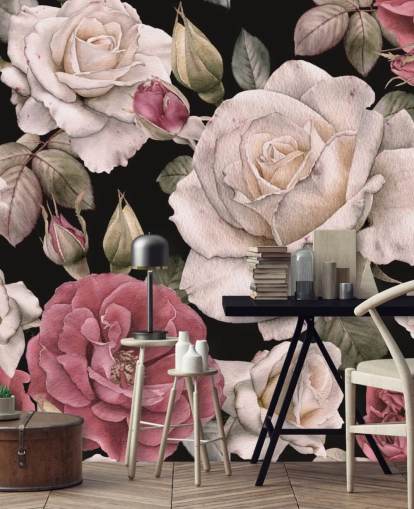 mörk blommig rosa och vita blommor tapeter