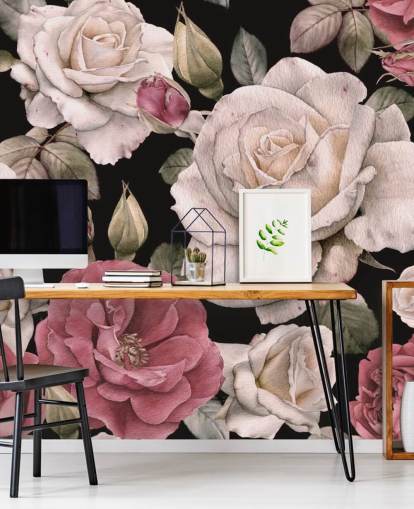 papel de parede floral escuro rosa e flores brancas