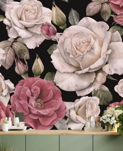 papel de parede floral escuro rosa e flores brancas papel de parede floral escuro rosa e flores brancas