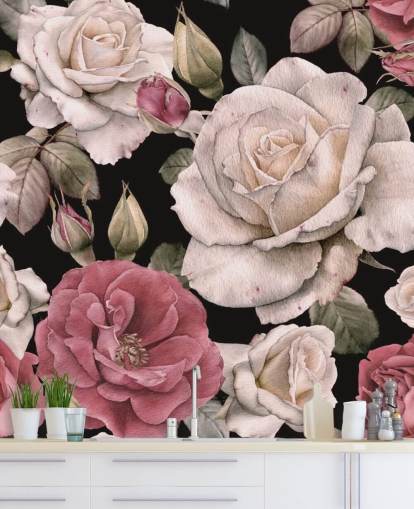 papel de parede floral escuro rosa e flores brancas
