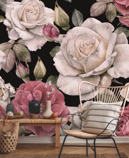 papier peint fleurs roses et blanches