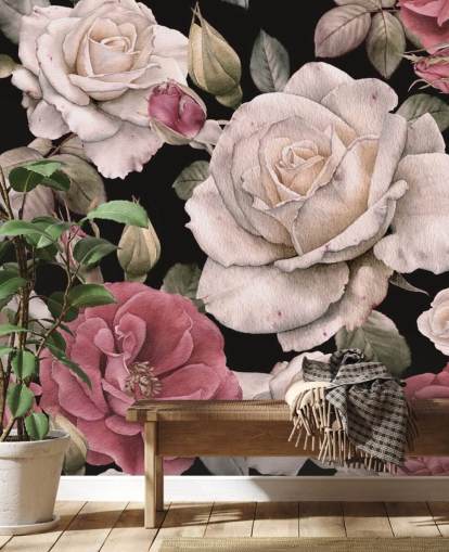 papier peint fleurs roses et blanches