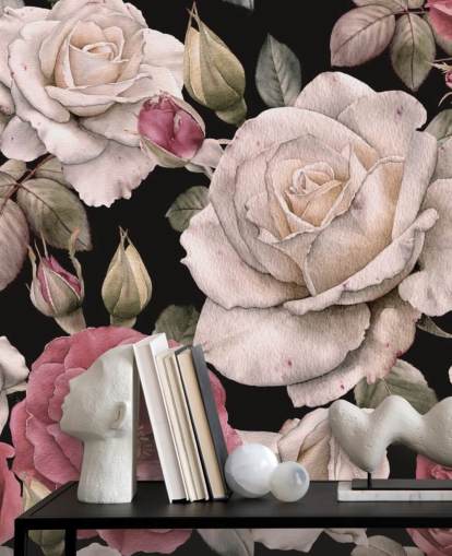 donker bloemenroze en witte bloemen behang