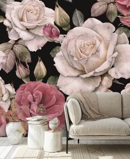 papier peint fleurs roses et blanches