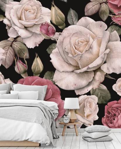 papel de parede floral escuro rosa e flores brancas papel de parede floral escuro rosa e flores brancas