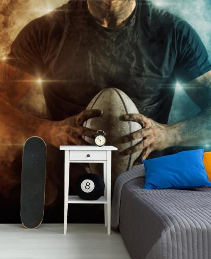 blue and orange customisable rugby wallpaper mural called Rugby Battle for kid's bedrooms