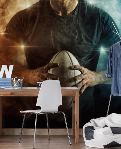 blue and orange customisable rugby wallpaper mural called Rugby Battle for kid's bedrooms
