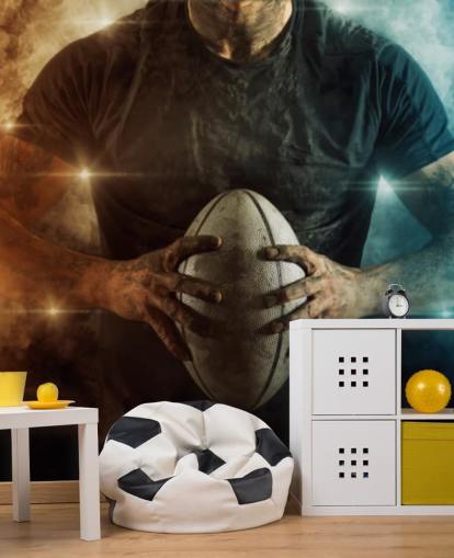 Personalisierbare Rugby-Tapete in Blau und Orange namens Rugby Battle für Kinderzimmer