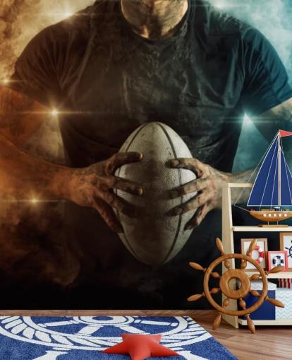 blauwe en oranje aanpasbare rugbybehangmuurschildering genaamd Rugby Battle voor kinderkamers