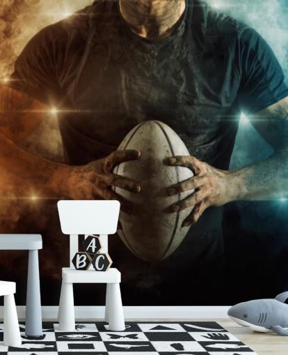 sininen ja oranssi muokattava rugby-taustakuvamaalaus nimeltä Rugby Battle lasten makuuhuoneisiin