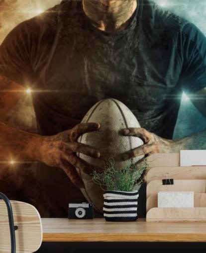 Personalisierbare Rugby-Tapete in Blau und Orange namens Rugby Battle für Kinderzimmer