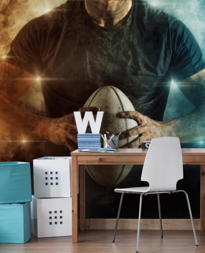 mural de papel de parede de rugby personalizável em azul e laranja chamado Rugby Battle para quartos infantis