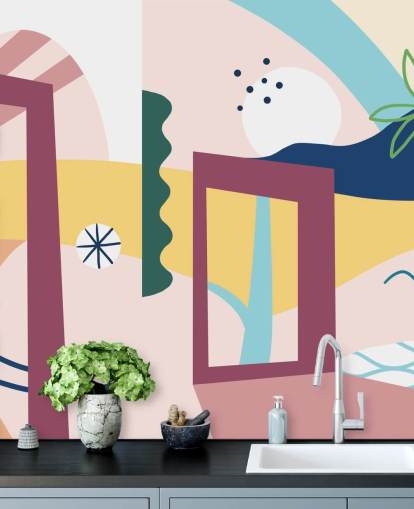 paars, oranje, blauw, groen abstract straatbehang