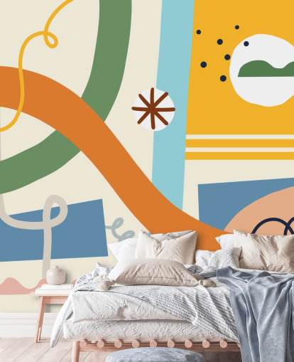 oranje, geel, blauw, groen line art behang