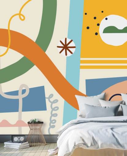 orange, gul, blå, grøn linje kunst tapet
