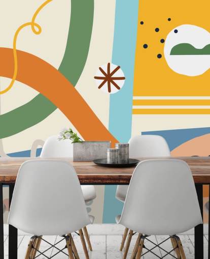 orange, gul, blå, grøn linje kunst tapet