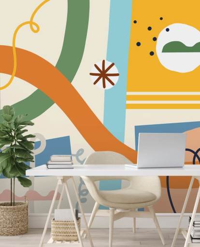 orange, gul, blå, grøn linje kunst tapet