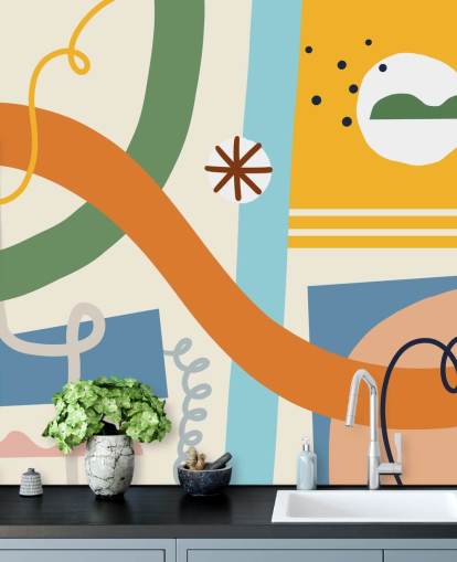 oranje, geel, blauw, groen line art behang