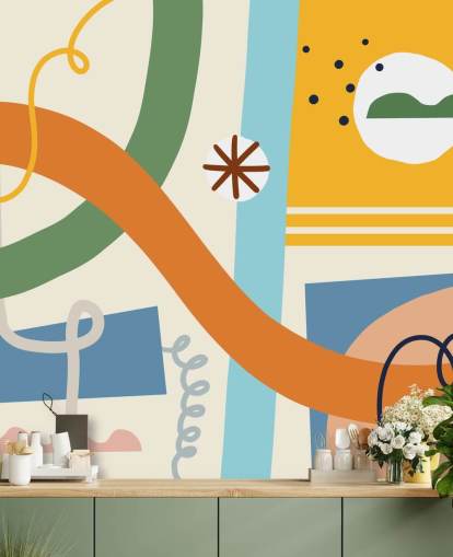 oranje, geel, blauw, groen line art behang oranje, geel, blauw, groen line art behang