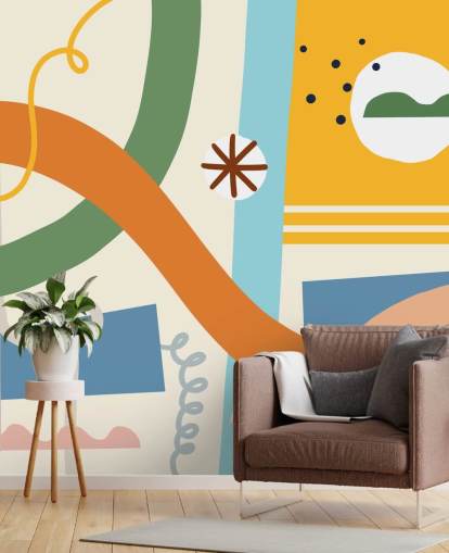 oranje, geel, blauw, groen line art behang