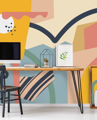 pink, yellow, blue and dark blue abstract art wallpaper