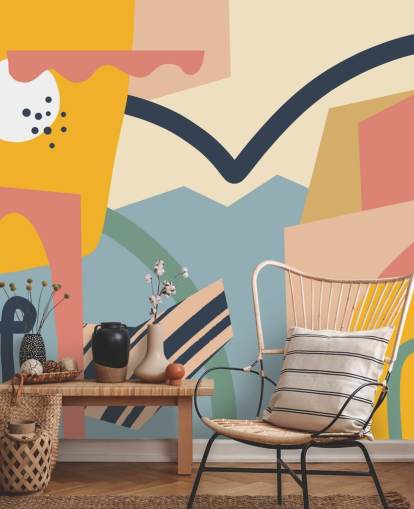 roze, geel, blauw en donkerblauw abstracte kunstbehang