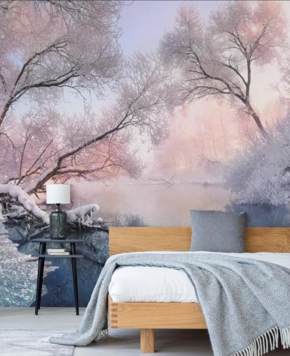 pink sunset over snowy forest wallpaper