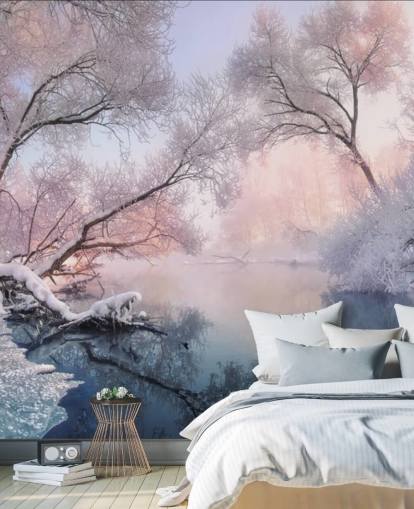 pink sunset over snowy forest wallpaper