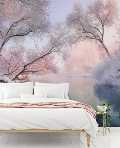 coucher de soleil rose sur papier peint forêt enneigée