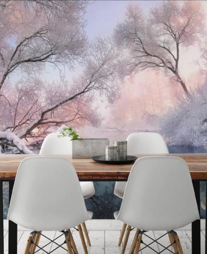 fondo de pantalla rosa puesta de sol sobre bosque nevado