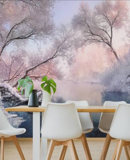 roze zonsondergang over besneeuwd bos behang