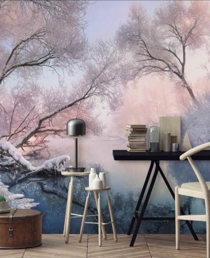 pink sunset over snowy forest wallpaper