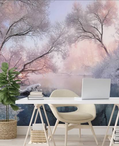 pink sunset over snowy forest wallpaper