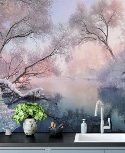 fondo de pantalla rosa puesta de sol sobre bosque nevado