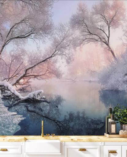 fondo de pantalla rosa puesta de sol sobre bosque nevado