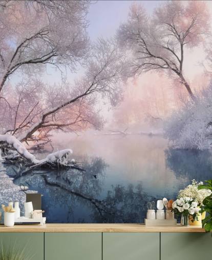 rosa solnedgång över snöig skog tapet