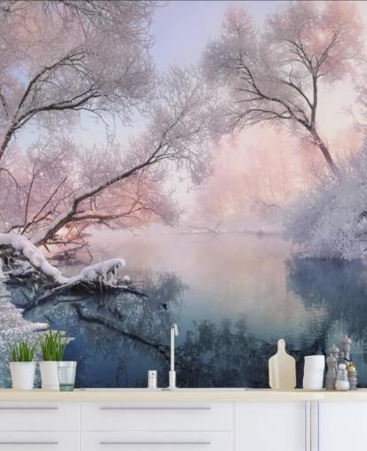 rosa solnedgång över snöig skog tapet rosa solnedgång över snöig skog tapet