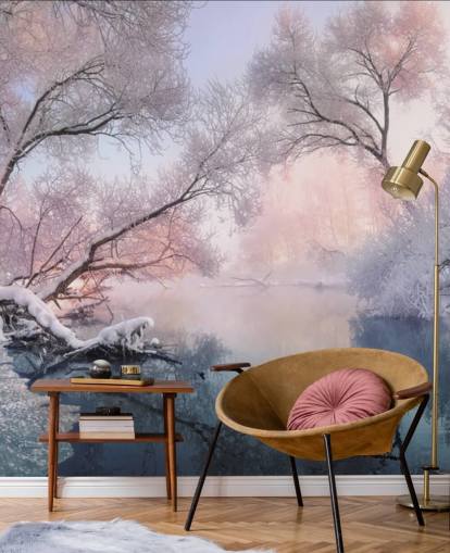 tramonto rosa su carta da parati foresta innevata