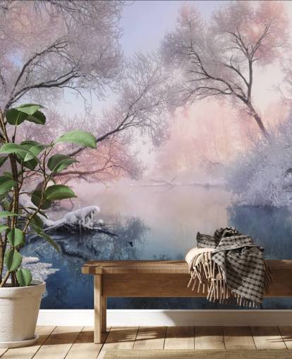 pink solnedgang over snedækket skov tapet