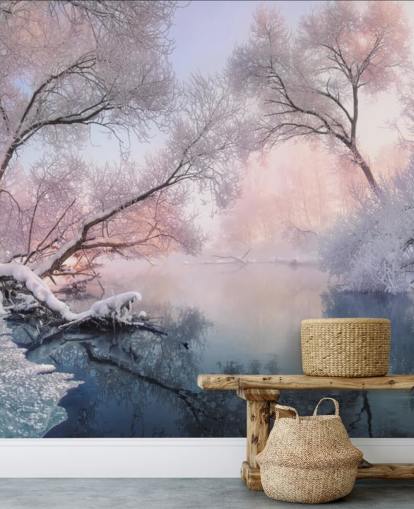 rosa solnedgång över snöig skog tapet rosa solnedgång över snöig skog tapet