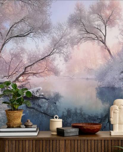 pink sunset over snowy forest wallpaper