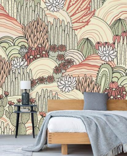 papier peint de plantes de cactus en terre cuite et vert olive