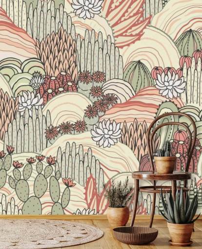 terracotta and olive green cactus plants wallpaper