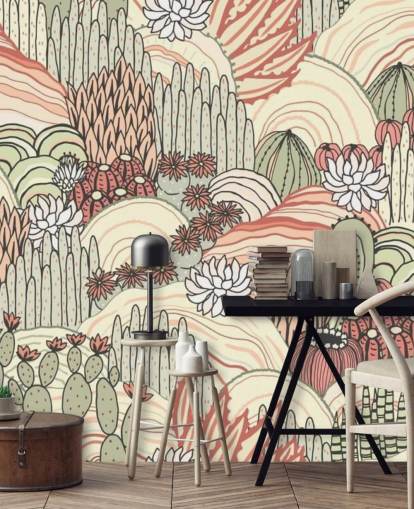 papel pintado de plantas de cactus verde oliva y terracota