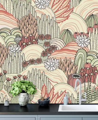 papel pintado de plantas de cactus verde oliva y terracota