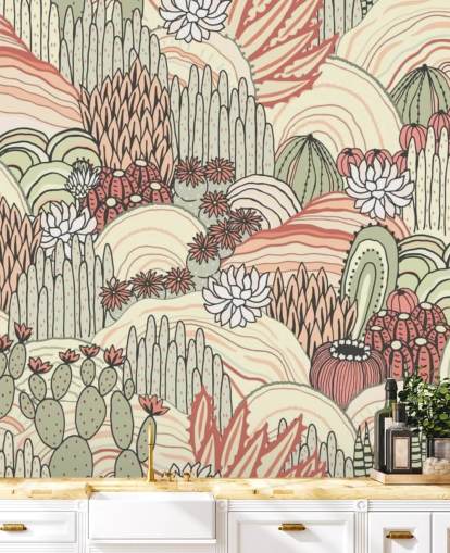 terracotta en olijfgroene cactusplanten behang