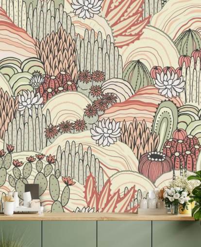 terracotta and olive green cactus plants wallpaper