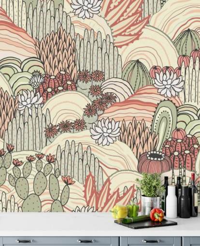 papier peint de plantes de cactus en terre cuite et vert olive